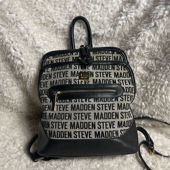 Steve Madden canvas black &white logo small backpack  black faux leather trims main image 5